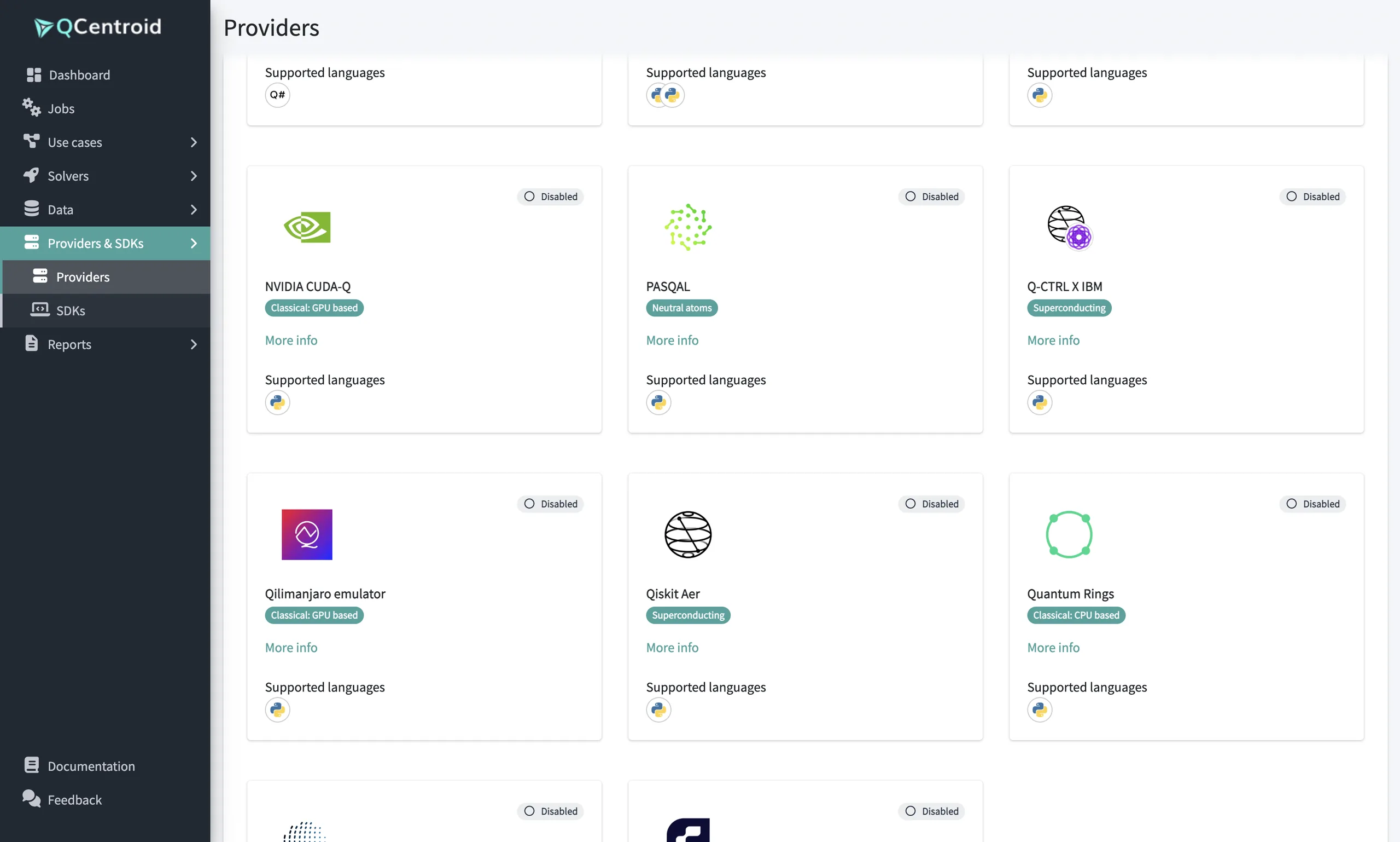 Provider catalogue including GPU-based providers such as NVIDIA CUDA-Q and the Qilimanjaro emulator next to quantum hardware