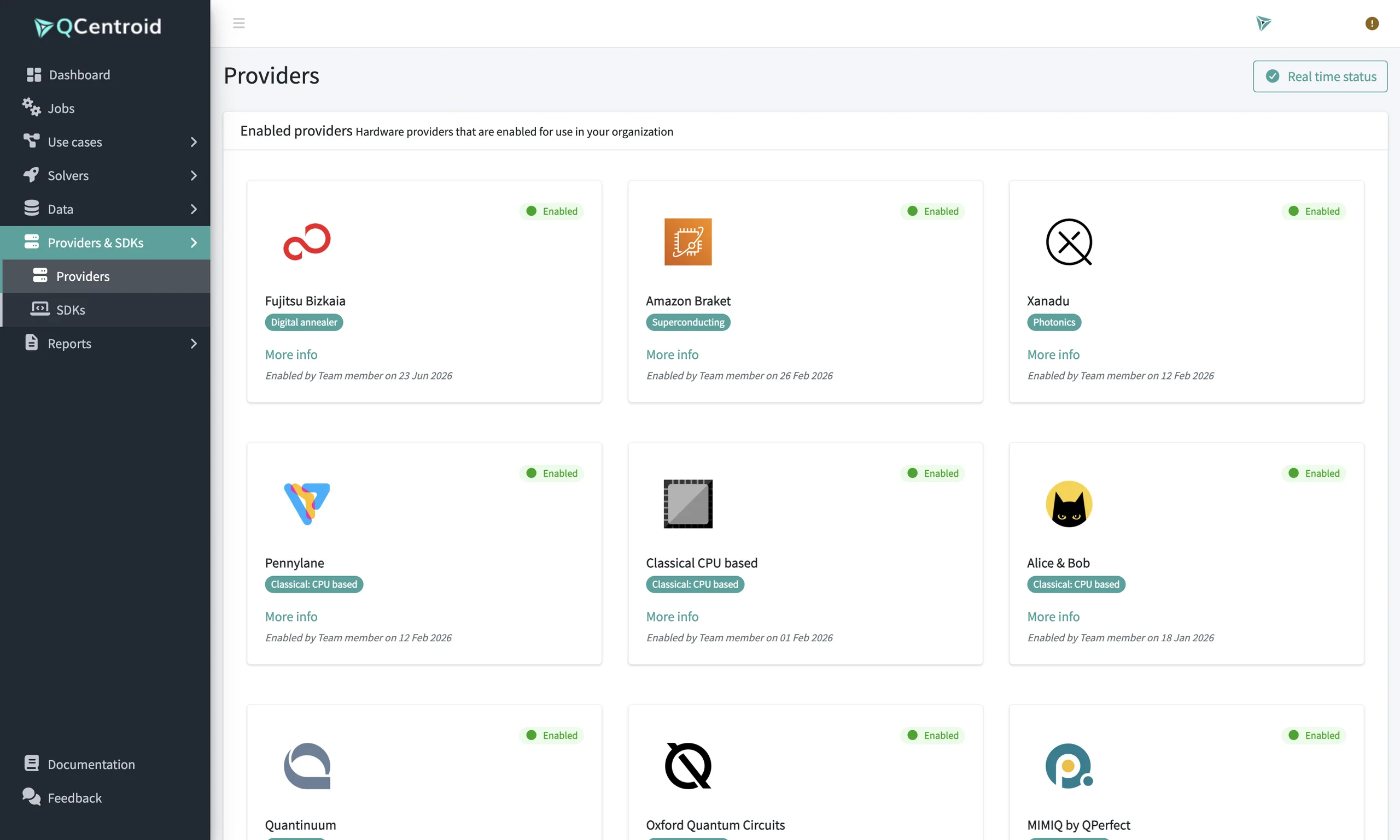 Enabled hardware providers: Fujitsu Bizkaia, Amazon Braket, Xanadu, Pennylane, classical CPU, Alice & Bob and more