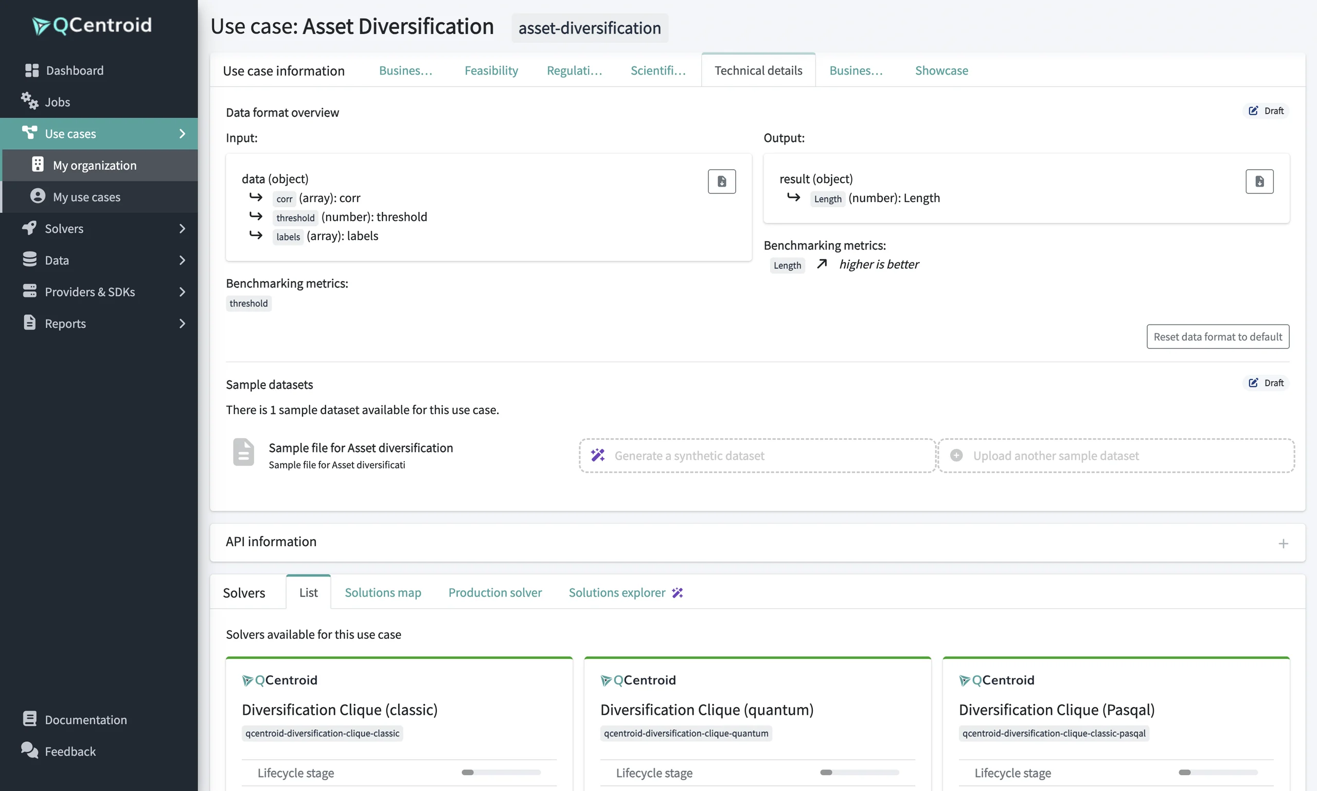 Use case data format: input and output schema, benchmarking metrics and sample datasets