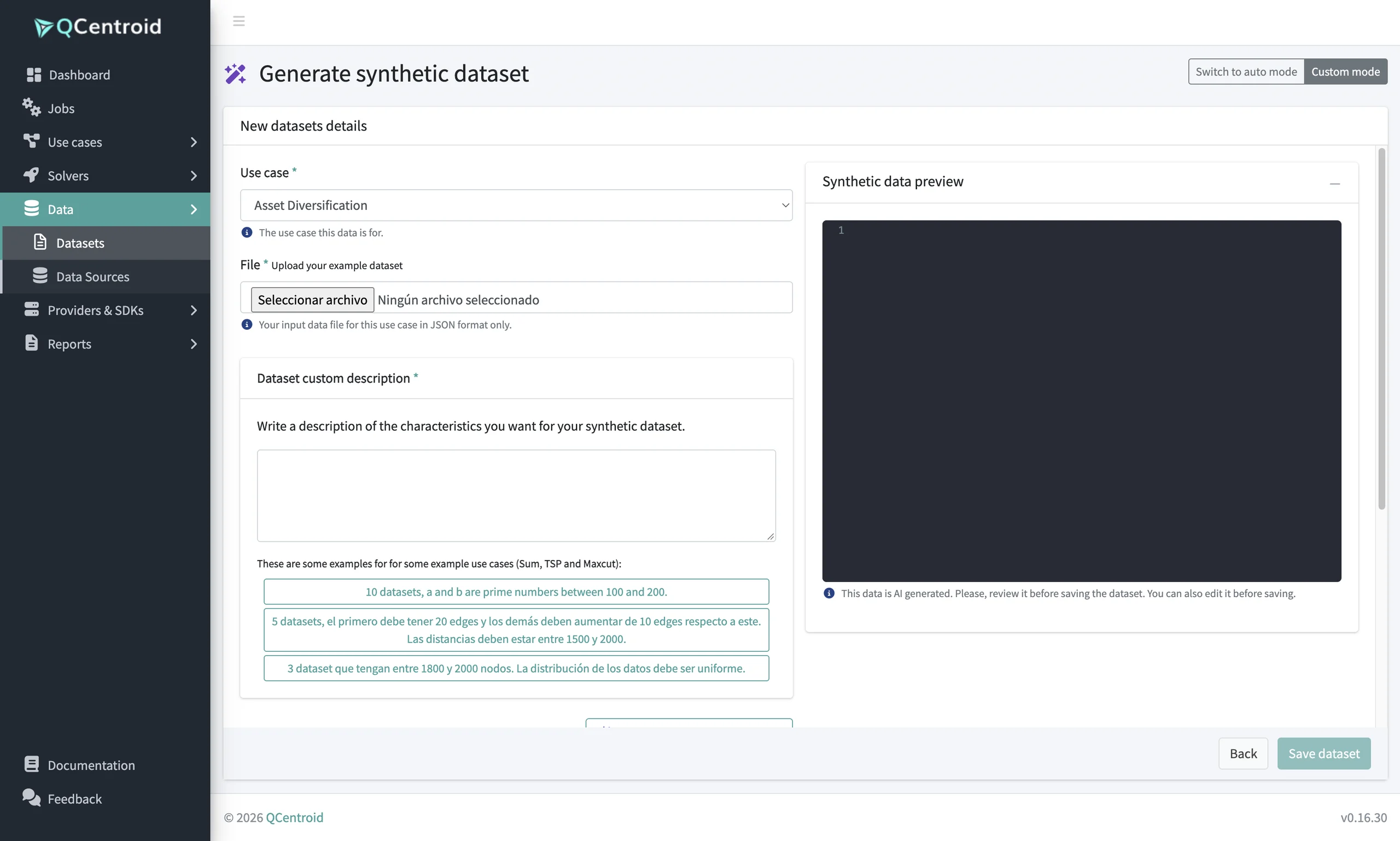 Synthetic dataset generator in custom mode: example file and plain-language description