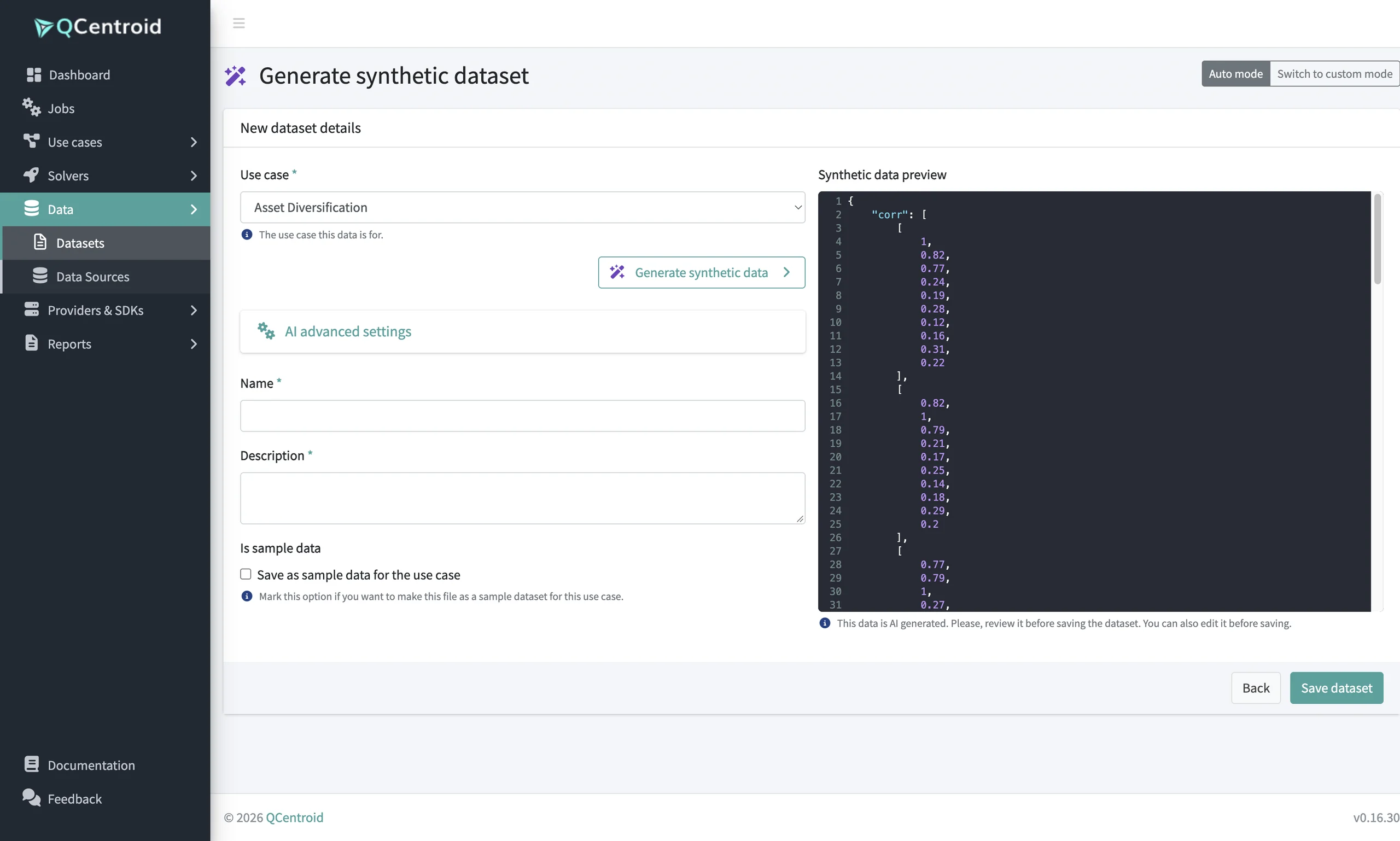 Synthetic dataset generator with an AI-generated preview in the use case input format