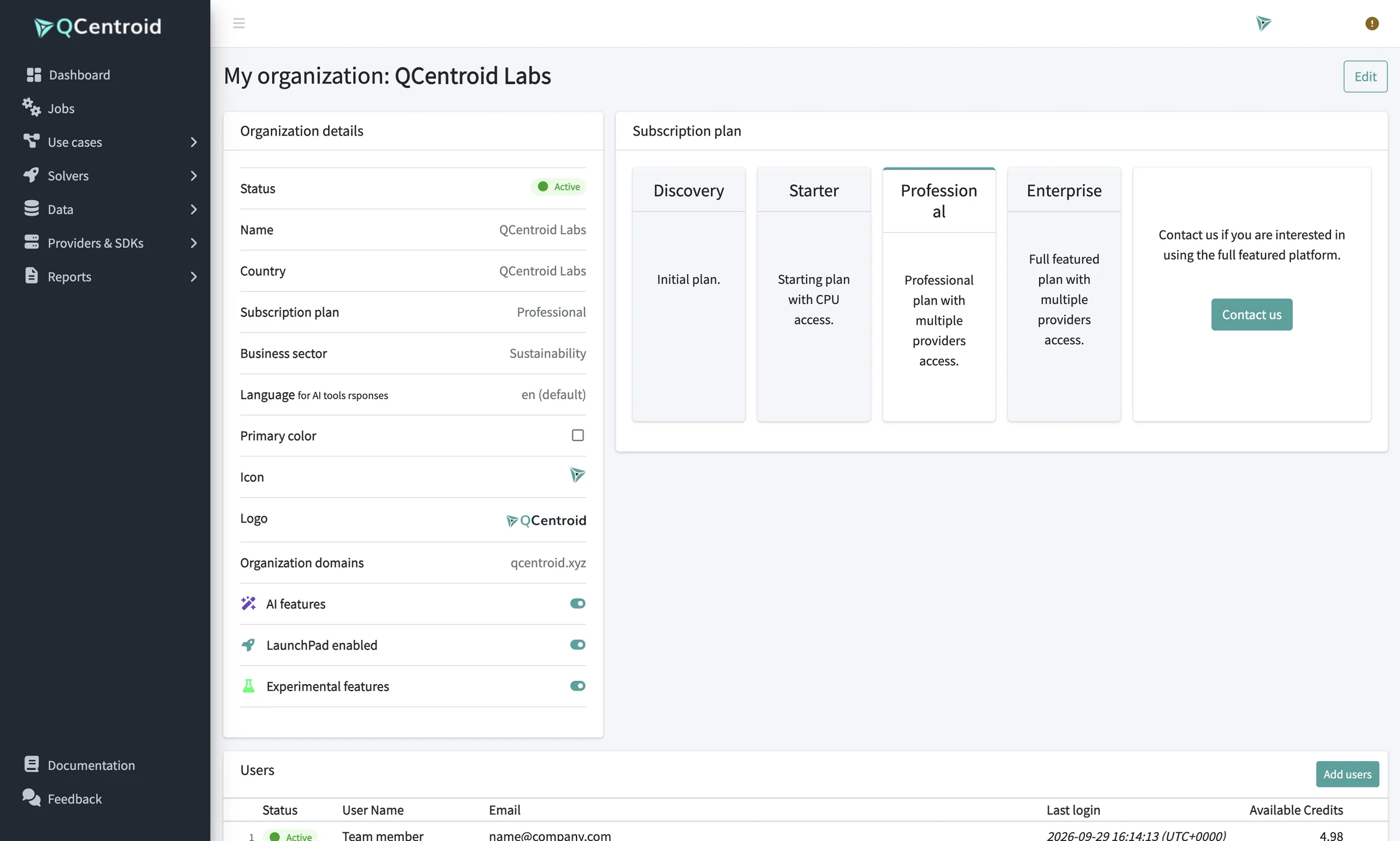 Organisation settings: subscription plan, logo, icon, primary colour and feature switches
