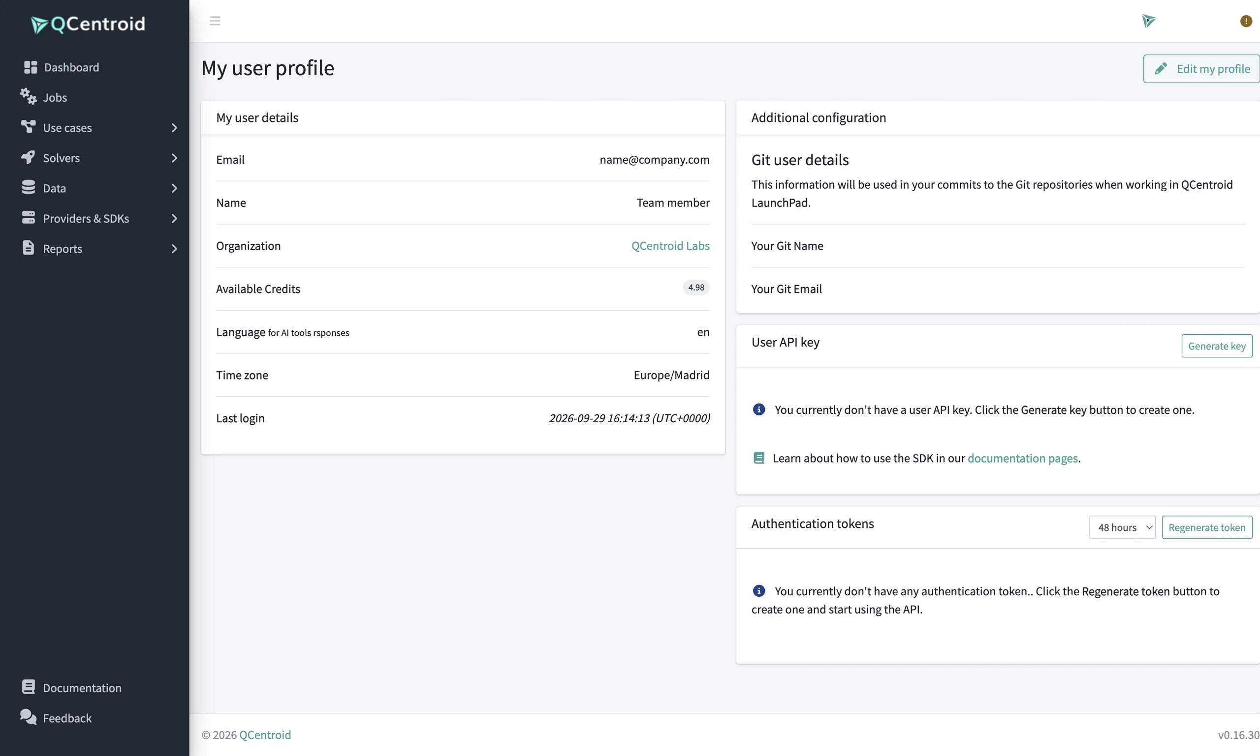 User profile with the user API key and authentication tokens for automated access