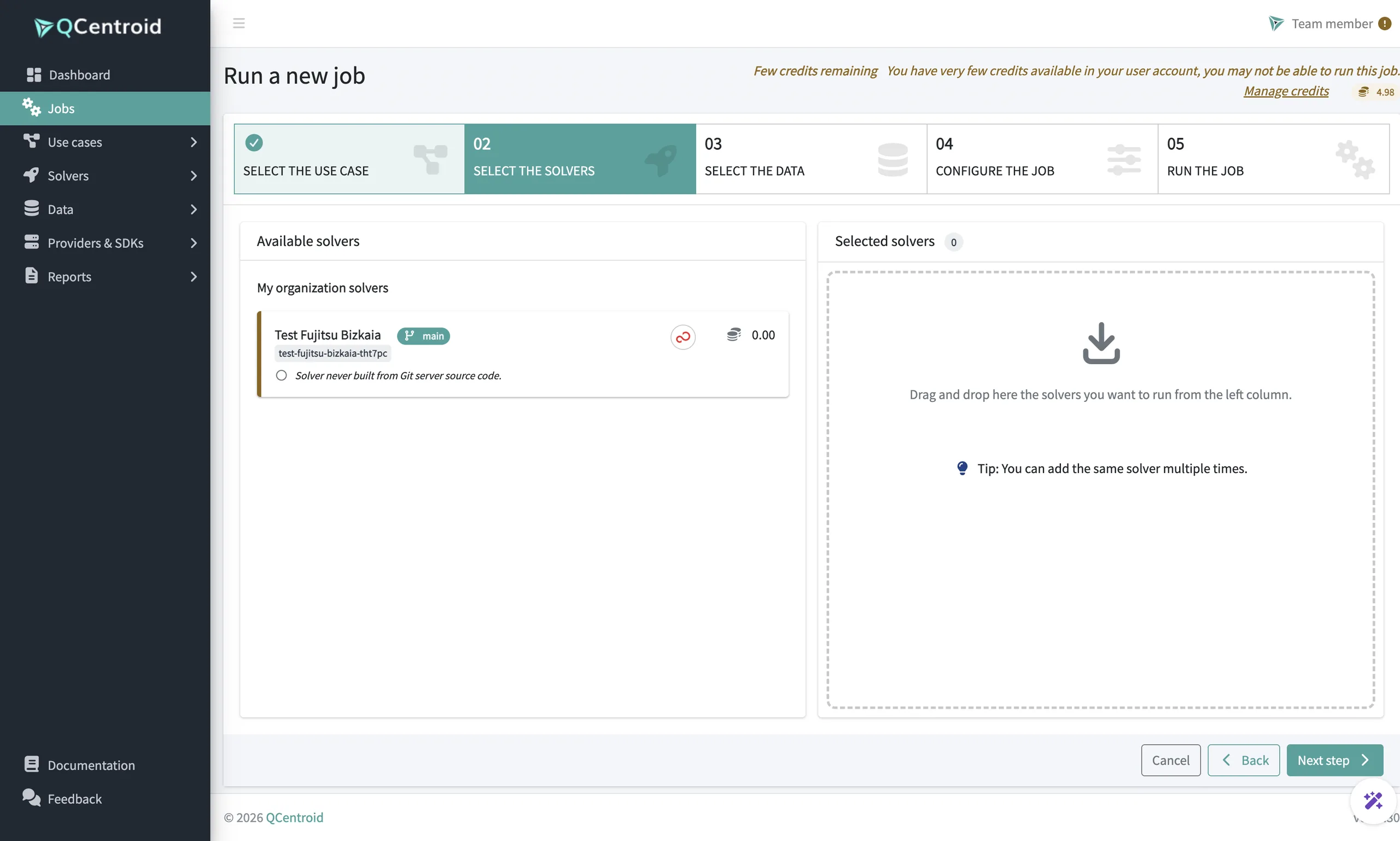 Run a new job wizard at the solver selection step, with a warning that the account has very few credits available to run the job