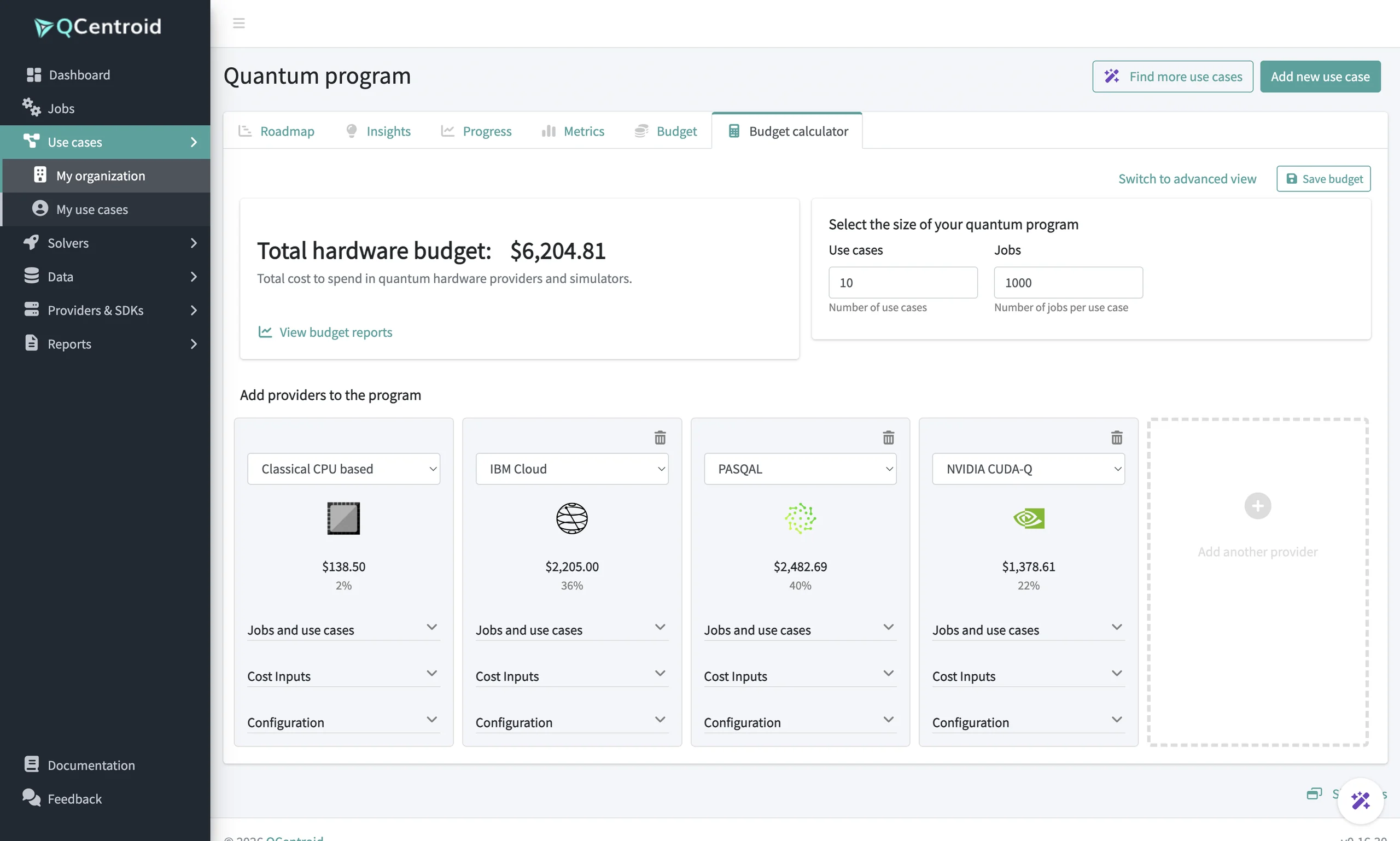 Quantum program budget calculator with classical CPU, IBM Cloud, PASQAL and NVIDIA CUDA-Q providers