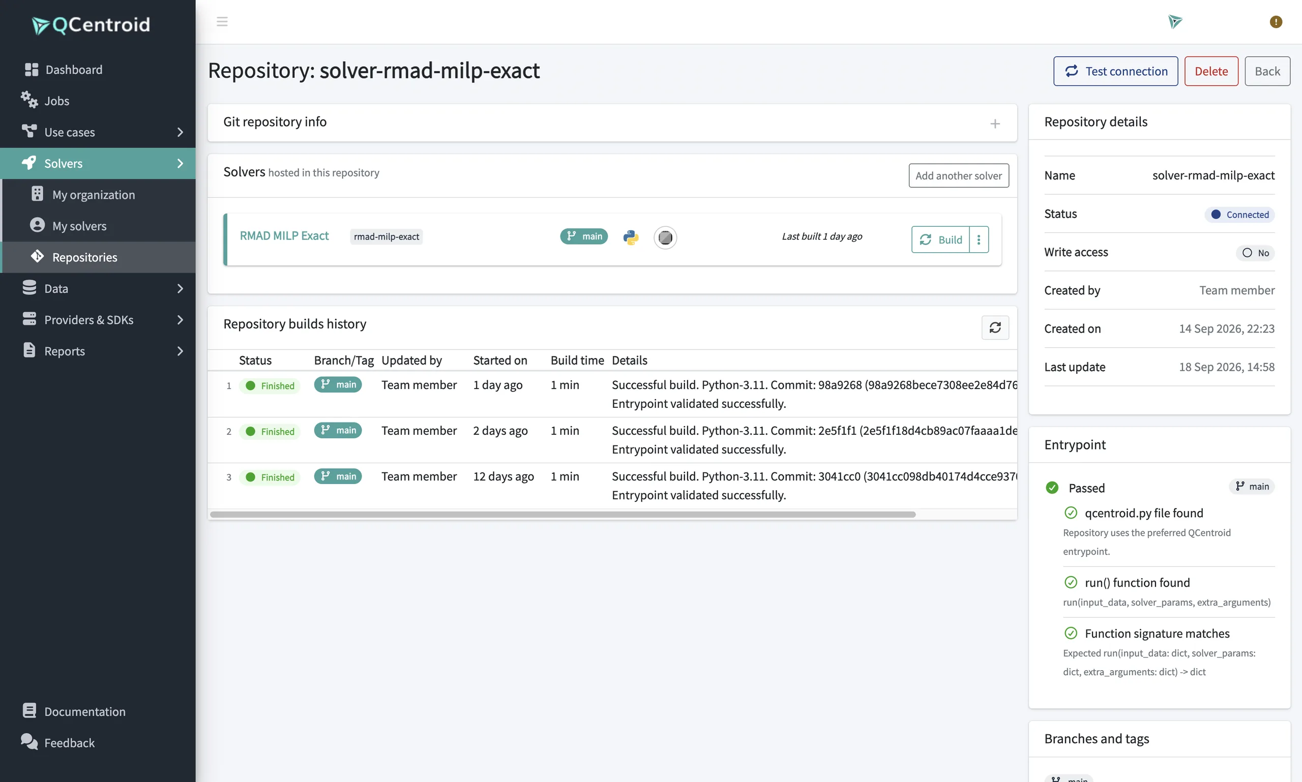 Repository page of a connected solver with its builds history and the entrypoint check (qcentroid.py, run() and signature) passed