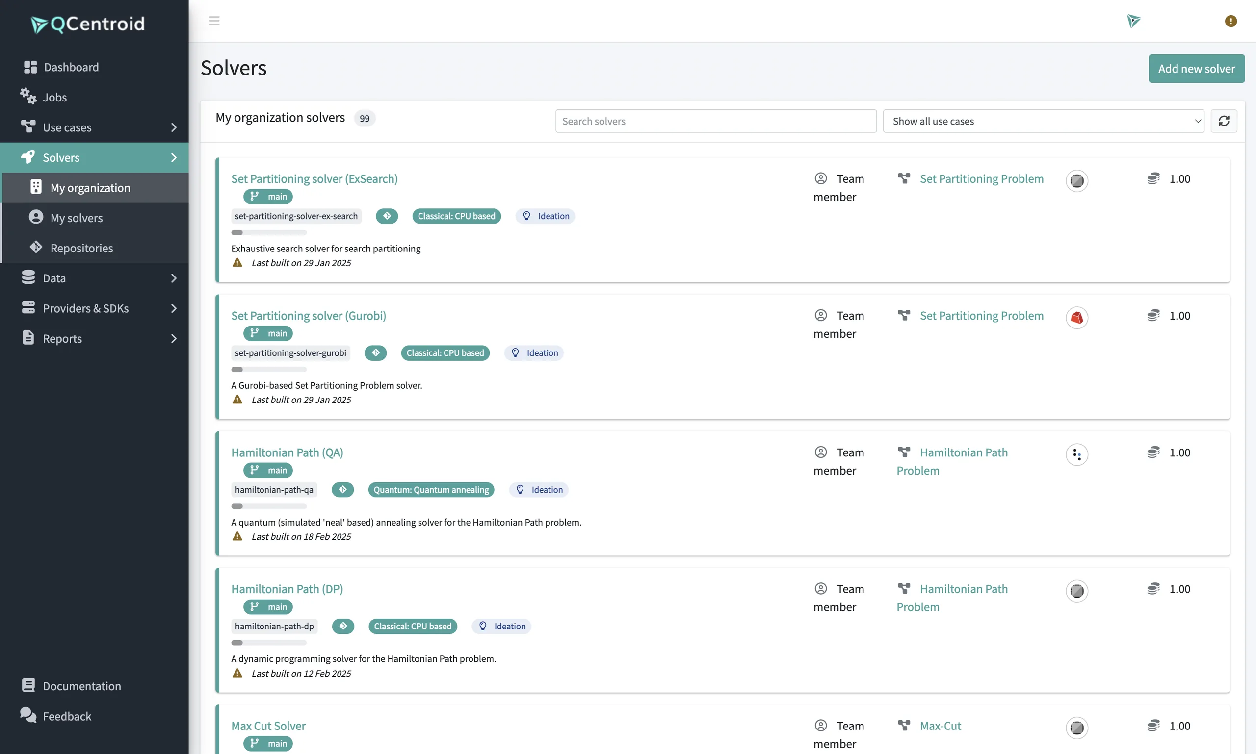 Organisation solver catalogue with type, lifecycle stage, use case and estimated cost of each solver