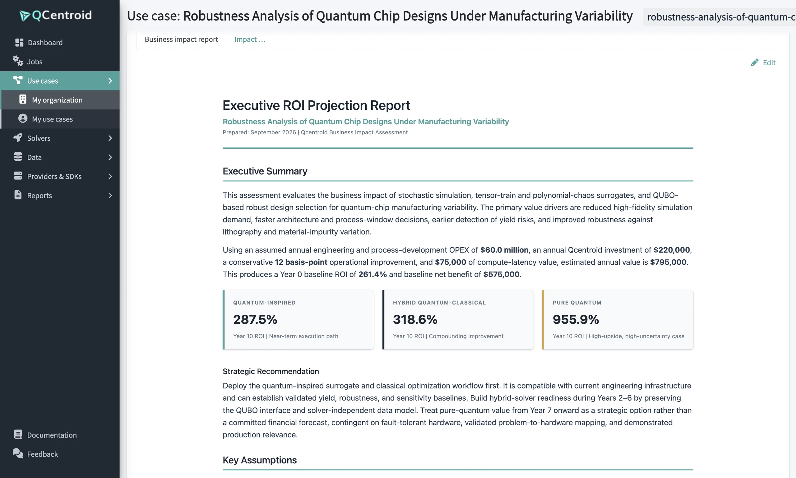 Business impact report of a use case: executive summary and ROI projections by approach