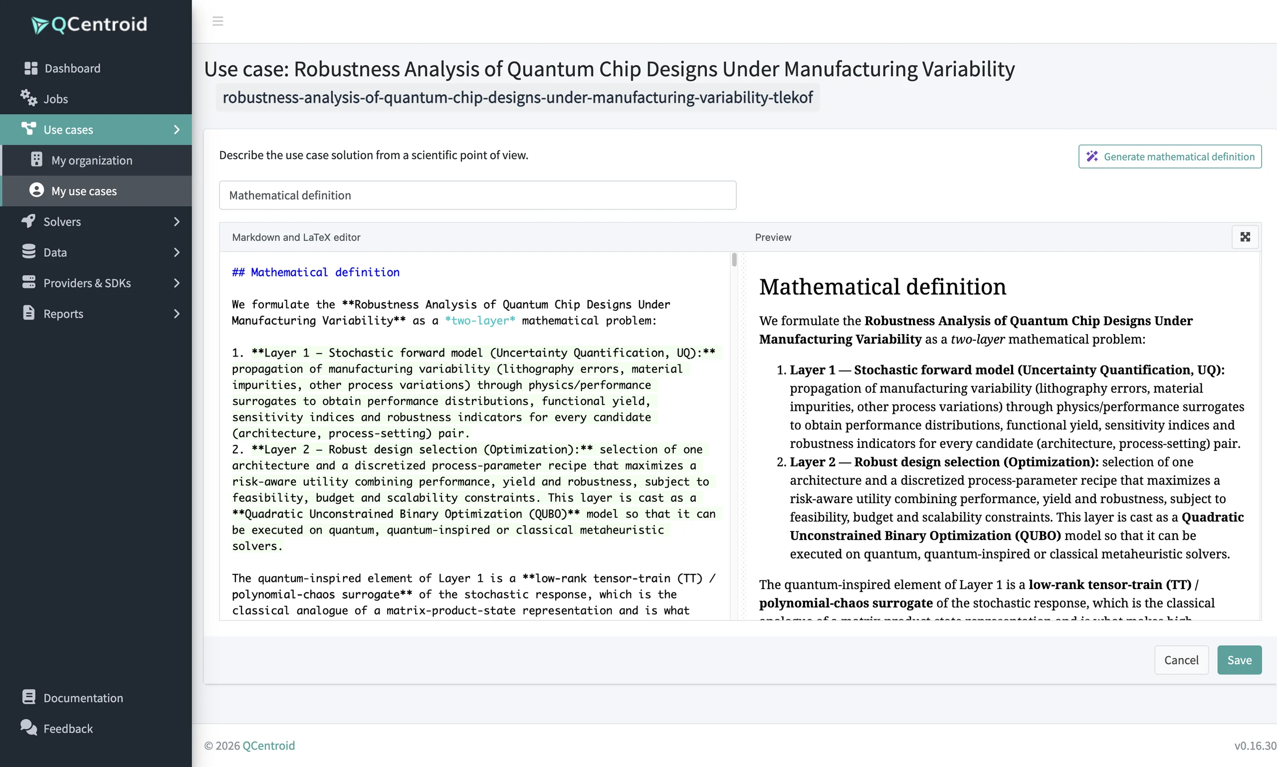 Use case mathematical definition: AI generation, Markdown and LaTeX editor with live preview